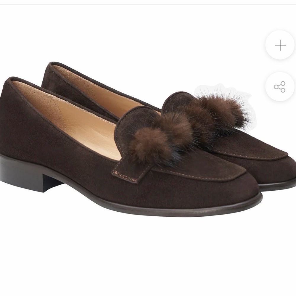 Diane B Milano Brown suede loafers mink balls . Sz 41 US 10 fur square toe